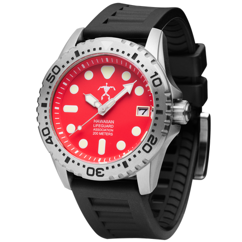 Hawaiian Lifeguard Association 42MM Dive Watch - SS Case, Red Dial, Black Strap