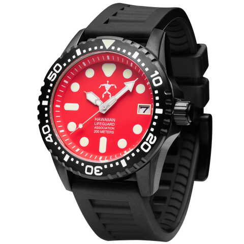 Hawaiian Lifeguard Association 42MM Dive Watch - Black Case & Strap, Red Dial