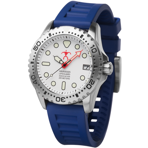 Hawaiian Lifeguard Association 42MM Dive Watch - SS Case, White Dial, Blue Strap