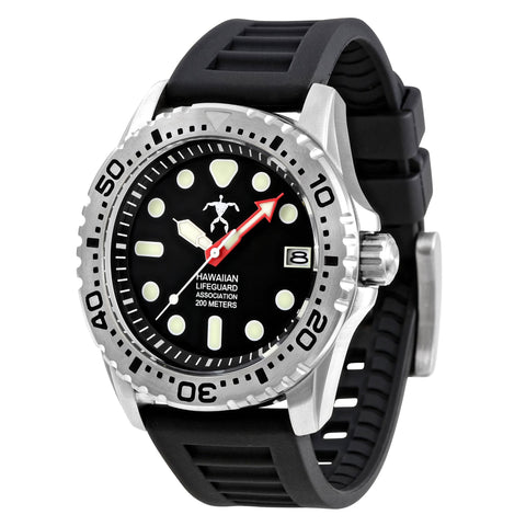 Hawaiian Lifeguard Association 42MM Dive Watch - SS Case, Black Dial & Strap