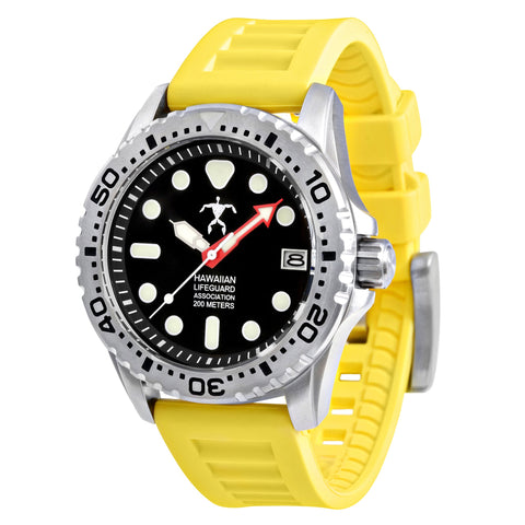 Hawaiian Lifeguard Association 42MM Dive Watch - SS Case Black Dial Yellow Strap