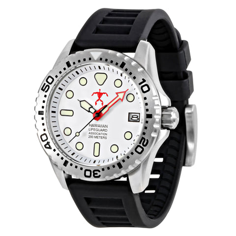 Hawaiian Lifeguard Association 42MM Dive Watch - SS Case White Dial Black Strap