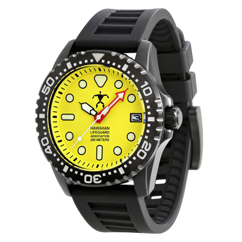 Hawaiian Lifeguard Association 42MM Dive Watch - Black Case & Strap, Yellow Dial