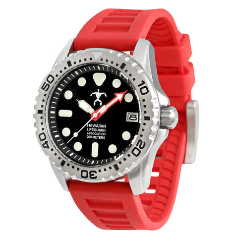 Hawaiian Lifeguard Association 42MM Dive Watch - SS Case, Black Dial, Red Strap