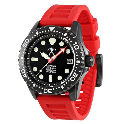 Hawaiian Lifeguard Association 42MM Dive Watch - Black Case & Dial, Red Strap