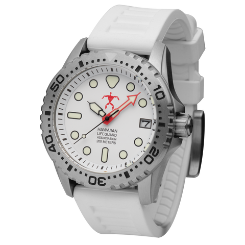 Hawaiian Lifeguard Association 42MM Dive Watch - SS Case, White Dial & Strap